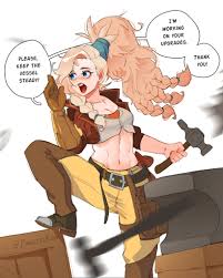 frantic (frantickohi), gemma (monster hunter wilds), monster hunter  (series), monster hunter wilds, fluffy hair, absurdres, highres, 1girl,  adjusting goggles, blonde hair, braid, cropped jacket, english text,  gloves, hair ornament, hair scrunchie, jacket,