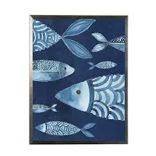 Made of wood and metal, this handcrafted array of fish in soft gray, white, and blue hues adds a soothing splash of color and dimensional beauty to any wall. Navy And Teal Distressed Fish Framed Art Print Kirklands