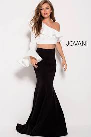 Jovani Dress 59426 Jovani 59426 Black Ivory Long Fitted Two Piece Ruffle Neckline Prom Dress Prom Dresses Long With Sleeves Prom Dresses With Sleeves Pretty Prom Dresses