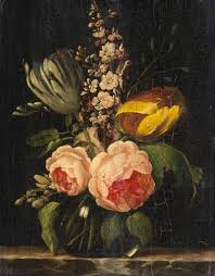 Oil painting vase with flowers still life with yasser fayad. Van Huysum Jan Roses Tulips And Delphiniums In A Glass Vase On A Stone Ledge Mutualart