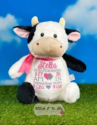 Excited To Share This Item From My Etsy Shop Personalized Stuffed Cow Embroidered Cow Stuffed A Personalized Stuffed Animals Baby Crafts Birth Announcement