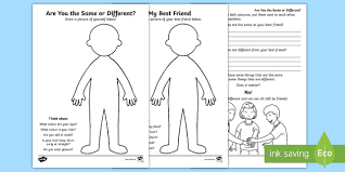 Talk about how people are the same and different. Are You The Same Or Different Worksheet