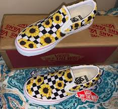 Black And White Checkered Vans With Sunflowers Sunflower Vans Vans Shoes Fashion Vans Slip On Shoes Cool Vans Shoes