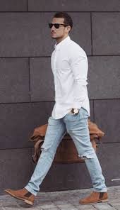 Black And White Button Up Shirt Outfit Sandro With A Summer Outfit Idea With A White Button Up Shirt Black Sunglasses Watch Light Wash Ripped Mens Outfits Popular Mens Fashion Mens Fashion Trends