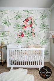 Green Leaves Wallpaper Tropical Plants Wall Mural Kids Etsy Nursery Wallpaper Baby Room Decor Green Leaf Wallpaper