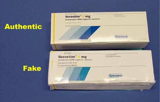 Warning graphic comparing fake medicine packaging against genuine packaging