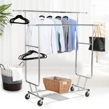 Songmics double rod clothes rack for hanging clothes garment clothing rack with wheels height adjuatable ullr401. Home Organization Details About New Adjustable Double Bar Castor Wheels Rolling Garment Rack Rail Clothes Hanger Closet Organizers