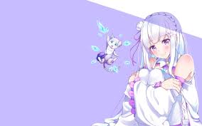 Animal Cat Emilia Flowers Long Hair Nanamira Bi Puck Purple Re Zero Kara Hajimeru Isekai Seikatsu Ribbons White Hair Anime Anime Wallpaper Character Wallpaper