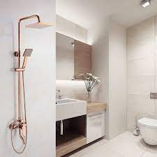 Bathroom bathtub faucet with handheld shower. Juno Contemporary Rose Gold Square 8 Inch Rain Shower Head With Shower Faucet