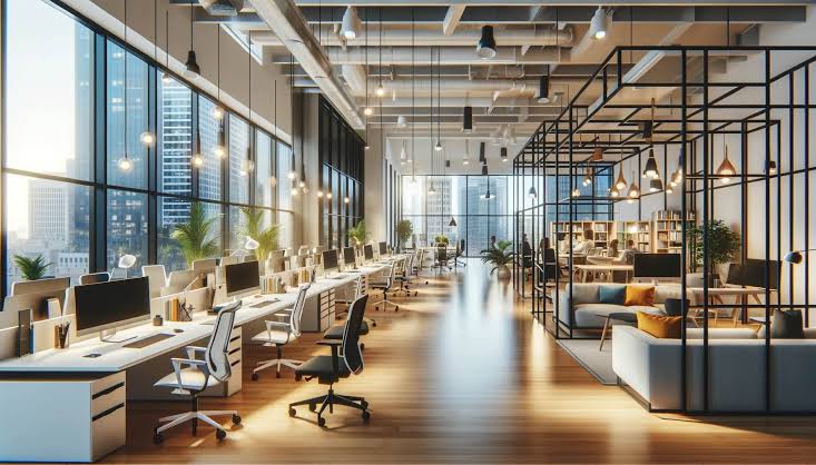 A modern smart office with connected displays, lighting, laptops, and collaboration technology