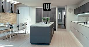 This linear edge kitchen offers an informal breakfast bar within the island, great for sitting down for a catch up. Linear Kitchen Range The Gallery Fitted Kitchens Dudley West Midlands