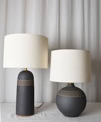 Matte Black Round Etched Lamp Mmhp Ceramics In 2020 Lamp Black Lamps Linen Shades