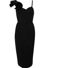 River Island Black Frill Shoulder Bodycon Midi Dress 110 Liked On Polyvore Featuring Dresses Midi Ruffle Dress Midi Dress Bodycon Bodycon Cocktail Dress