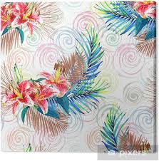 Download beautiful floral and leaves seamless pattern for free. Seamless Floral Pattern With Beautiful Watercolor Palm Leaves And Lilies Colorful Jungle Foliage With Bronze Metallic Elements On Swirl Background Textile Design Canvas Print Pixers We Live To Change
