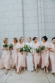 Blush Bridesmaids Flow Of The Gown Wedding Party Bridesmaid Wedding Bridesmaids Modest Bridal Gowns