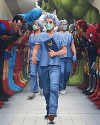 Superheroes Bowing To Doctors Alternative Version Superheroes Bowing In A Hospital Hallway Superhero Doctor Cute Illustration Superhero