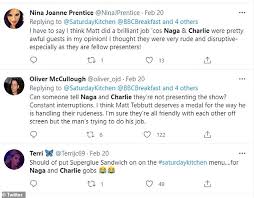 Naga munchetty has said when she addresses covert racism in daily life she is made to feel difficult for bringing it up. Saturday Kitchen Naga Munchetty And Charlie Stayt Get Over 100 Complaints Daily Mail Online
