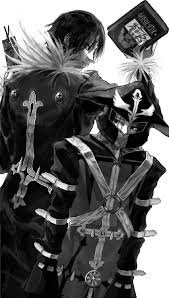 chrollo lucilfer, feitan portor, hunter x hunter, absurdres, highres, black  eyes, black hair, cowboy shot, cross tattoo, earrings, facial mark,  forehead mark, forehead tattoo, from behind, greyscale, holding, jewelry,  long sleeves, looking