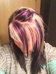 Purple Blonde And Black On Top With All Black Underneath Blonde Hair Color Pinwheel Hair Color Light Hair Color