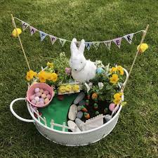 Miniature Easter Garden With Easter Bunny Easter Egg Hunt And Bunting Lovely Easter Craft For Kids Easter Fairy Gardens Easter Garden Easter Tree Decorations