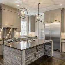 Kitchen and bathroom designers and tile beige cabinets counter stool drawers roman shade tile backsplash wall glass front kitchen island pendant light. Gray Barn Wood Kitchen Island Design Ideas