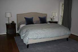 10ft ceilings, big crown & base, exterior of soaking tub & shower. Bedroom Benjamin Moore Balboa Mist