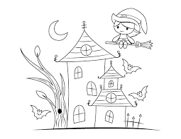 Drawing haunted house for kids. Printable Flying Witch And Haunted House Coloring Page
