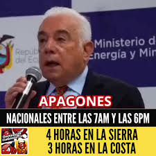 Una más de Lasso. En medio de la crisis de inseguridad y la torpeza del  Gobierno, mañana iniciarán apagones de 4 horas en la Sierra y el Oriente y  de 3 horas en la Costa. Los cortes se harán entre la ...