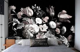 Bedroom Black And White Floral Wallpaper Dark Floral Wallpaper Still Life Flowers Illustration Art Wall Mural Black Grey Pink White Custom Made Wall Cover Floral Wallpaper Dark Floral Flower Wallpaper