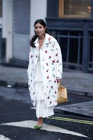 Bettina Looney Wears Earrings A White Floral Print Coat A Fashion Fashion Fabric Green Shoes Outfit