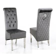 The padded seating and comfortable curved back rest is wrapped in a luxurious soft quilted. Sofia Grey Chrome Leg Lion Knocker Back Dining Chairs Set Of 2 The Furniture Mega Store