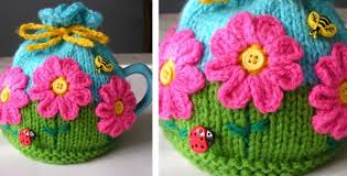So if you are looking for inspiration and free crochet tea cosy patterns go and check out this one, this one, this one, this one, and this one… Flower Garden Knitted Tea Cozy Free Knitting Pattern