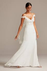 Floral Applique Sheer Bodice Crepe Wedding Dress Style Wg3977 Soft White 8 In 2020 Crepe Wedding Dress Wedding Dress Styles Wedding Dresses
