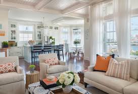 Beach House Chic Great Room With Sunbrella Sheers And Upholstered Fabrics Coastal Living Room Furniture Layout Home Open Concept Kitchen Living Room Layout