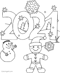 This unique coloring page for the lunar new year of 2021 includes the title happy chinese new year in english, the number 2021, plus images of ox and lantern lamp. Happy New Year 2021 With Snowman And Gingerbread Man Coloring Page Coloringall