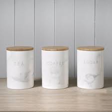 This item comes shipped in one carton. 3 White Ceramic Marble Effect Tea Coffee Sugar Storage Jars Canisters Wood Lids Sugar Storage Tea And Coffee Jars Tea And Coffee Canisters