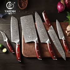 8 pcs damascus steel kitchen chef utility knife set with chopper or cleaver custom or hand made damascus steel kitchen knife set having a piece of black horn at the end of handle to protect your damascus kitchen knives set, be sure to dry & apply vegetable oil after each use. Yarenh Chef Knife Set 6 Pcs 67 Layers Damascus Steel Cooking Kitchen Knife Set Japan Ultra Sharp Fruit Meat Vegetables Knives Kitchen Knives Knife Set Kitchen Chef Knife Set