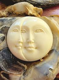1 Carved Beef Bone Moon and Sun Cabochon 2 1/2 Cm Round