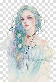 Teal Haired Female Drawing Watercolor Painting Anime Illustration Lake Blue H Anime Blueh Drawing Female Watercolor Paintings Drawings Anime Blue Hair