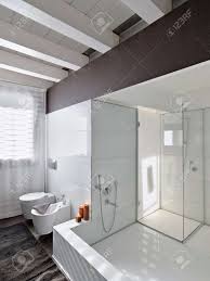 Nach mass badewanne extra grosse freistehende badewanne foshan. Grosse Badewanne Und Duschkabine Aus Glas In Einem Modernen Badezimmer Mit Holzdecke Lizenzfreie Fotos Bilder Und Stock Fotografie Image 25856115