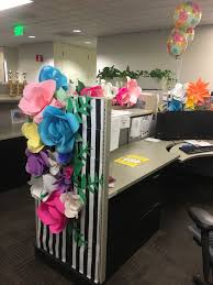 Circle office cubicle decoration, ribbons, wooden. Cublicle Paper Flower Decor Office Birthday Decorations Cubicle Birthday Decorations Office Birthday