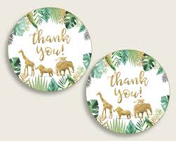 I would recommend printing them on cardstock for a little extra. Jungle Baby Shower Round Thank You Tags 2 Inch Printable Gold Etsy In 2021 Baby Shower Favor Tags Baby Shower Favors Baby Shower Printables