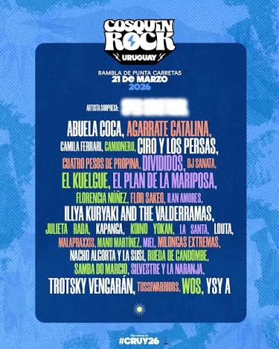 AHORA SÍ! LA GRILLA DE CRUY26 🤘🏻 🙌🏻 Nos vemos el 21 de marzo en la Rambla de Punta Carretas 🎫 Entradas a la venta en @redtickets.uy 🔗 cosquinrockuy.net AUSPICIA @brou_oficial INVITAN @medicaurugu