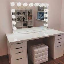 Black vanity desk with white drawers and big mirror in thick black frame, with hollywood style bulbs built in product: Diy Vanity Mirror Ideas To Make Your Room More Beautiful Tags Diy Vanity Mirror With Lights Bathroom Vani Bedroom Vanity Diy Vanity Mirror Ikea Alex Drawers