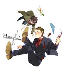 omix, hannibal lecter, will graham, hannibal (tv series), 2boys, alcohol,  black hair, brown hair, cup, drinking glass, facial hair, falling, food,  fork, formal clothes, glasses, knife, multiple boys, necktie, short hair,  spoon,
