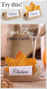 Corrugated leaf place cards ~ cut place cards out out of corrugated scrapbook paper using real leaves as a guide. Table Place Cards Made With Paper Bags In My Own Style Thanksgiving Place Cards Place Settings Thanksgiving Thanksgiving Table Settings