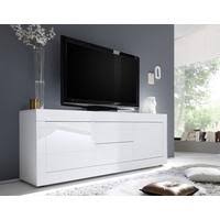 Contemporary design of lounge with white colored walls, glass coffe table, white dining table with elegant gothic chairs. Urbino Collection Big Tv Unit With Optional Led Spotlight White Gloss Finish Tv Media Units