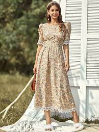 فستان شكل a مزهر باكمام منتفخة وبلوحة دانتيل شي إن a line dress lace panel dress dresses
