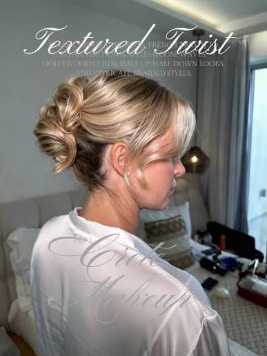 Textured Twist hairstyle that combines twisted sections of hair with a loose, voluminous, and “undone” texture. It is a modern, often messy take on the classic French twist or chignon, designed to