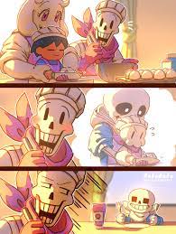 korokor59513559, frisk (undertale), papyrus (undertale), sans, toriel,  undertale, highres, 1girl, 1other, 2boys, apron, artist name, black hair,  blue jacket, blue shirt, brothers, chef hat, child, cooking, dress, fork,  gloves, goat girl, goat